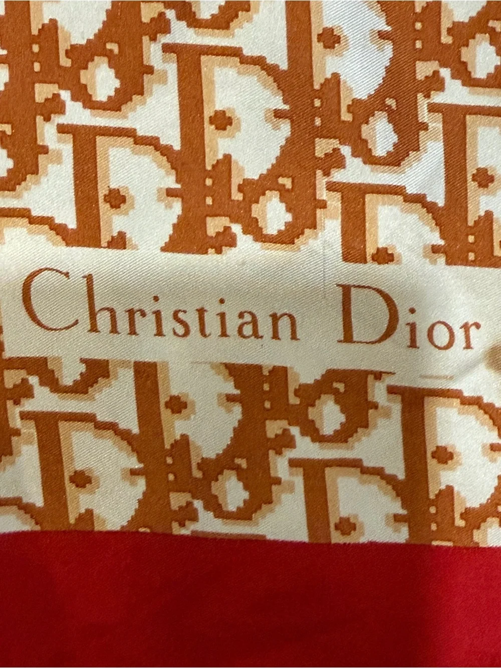 Dior Brown Logo Pattern Silk Scarf with Red Border